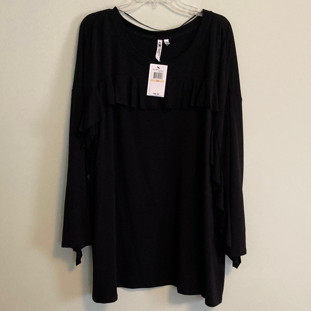 Cable & Gauge Black Tunic Top with Ruffle Sleeve